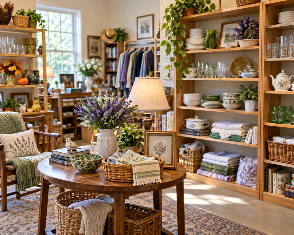 Organized shelves and displays of donated household goods in the Nifty Thrifty Rummage Room.